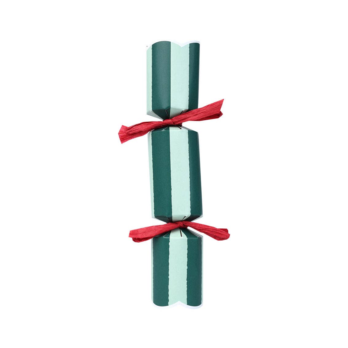 Single mini Christmas cracker with dark green and white stripes and red ribbon on ends