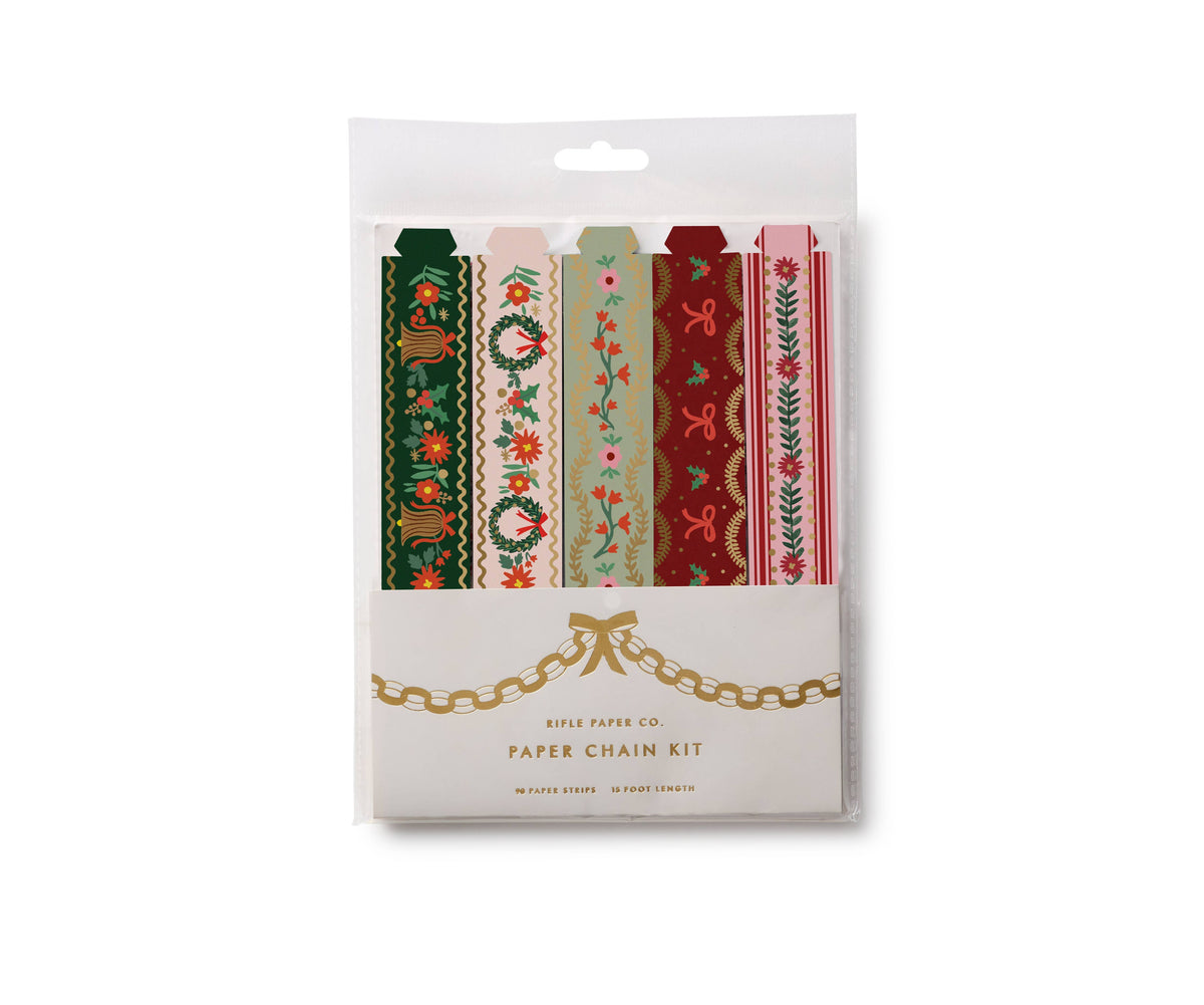 Holly Jolly paper chain kit in clear package with green, red and cream patterned paper strips