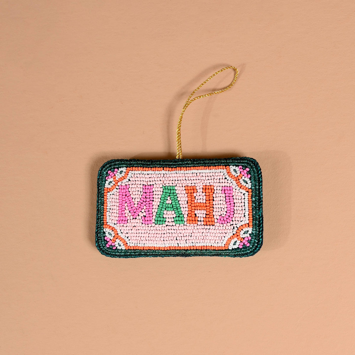 Beaded rectangular ornament with colorful MAHJ letters and gold hanging cord
