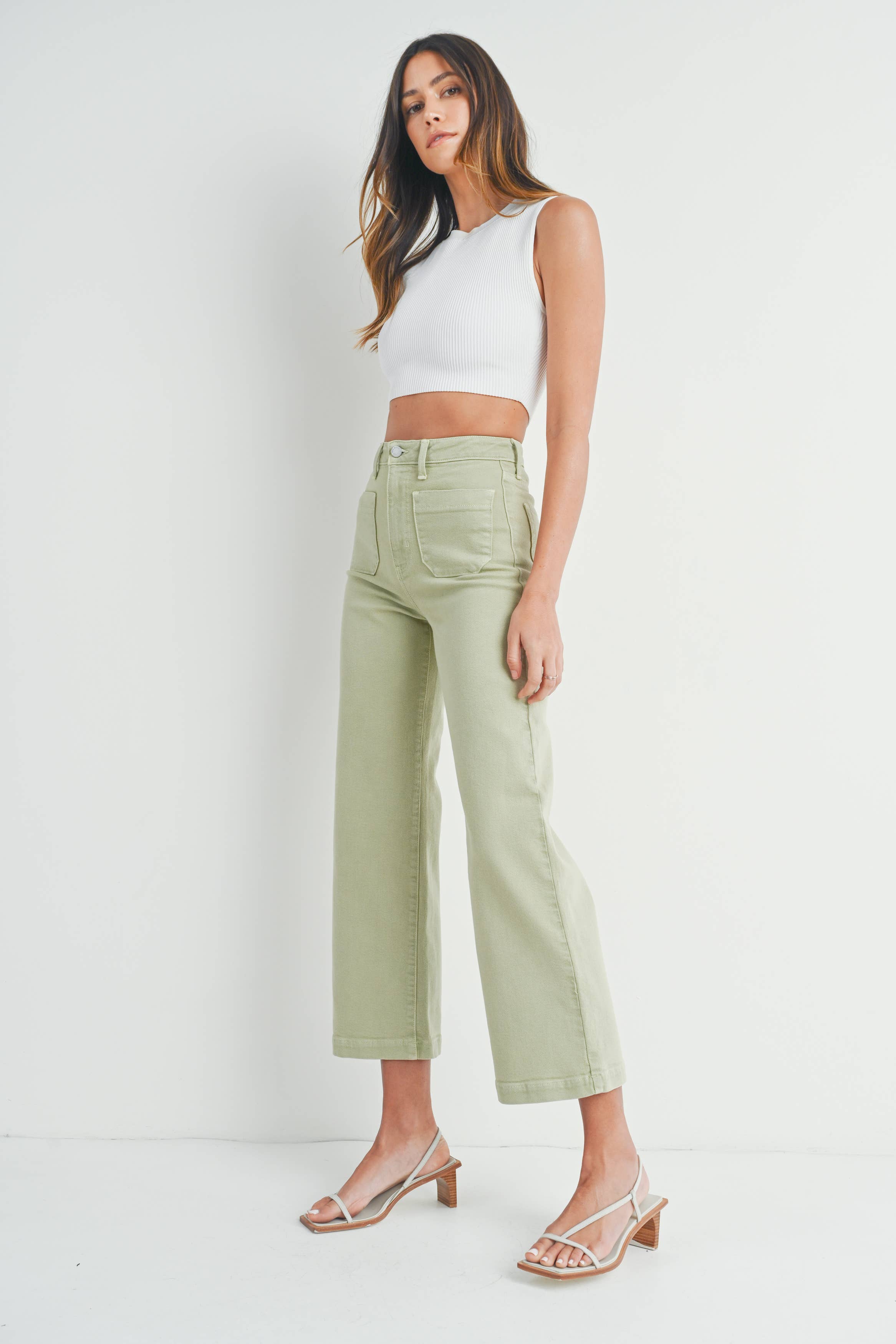 Patch Pocket Wide Leg Denim - Light Sage **FINAL SALE**