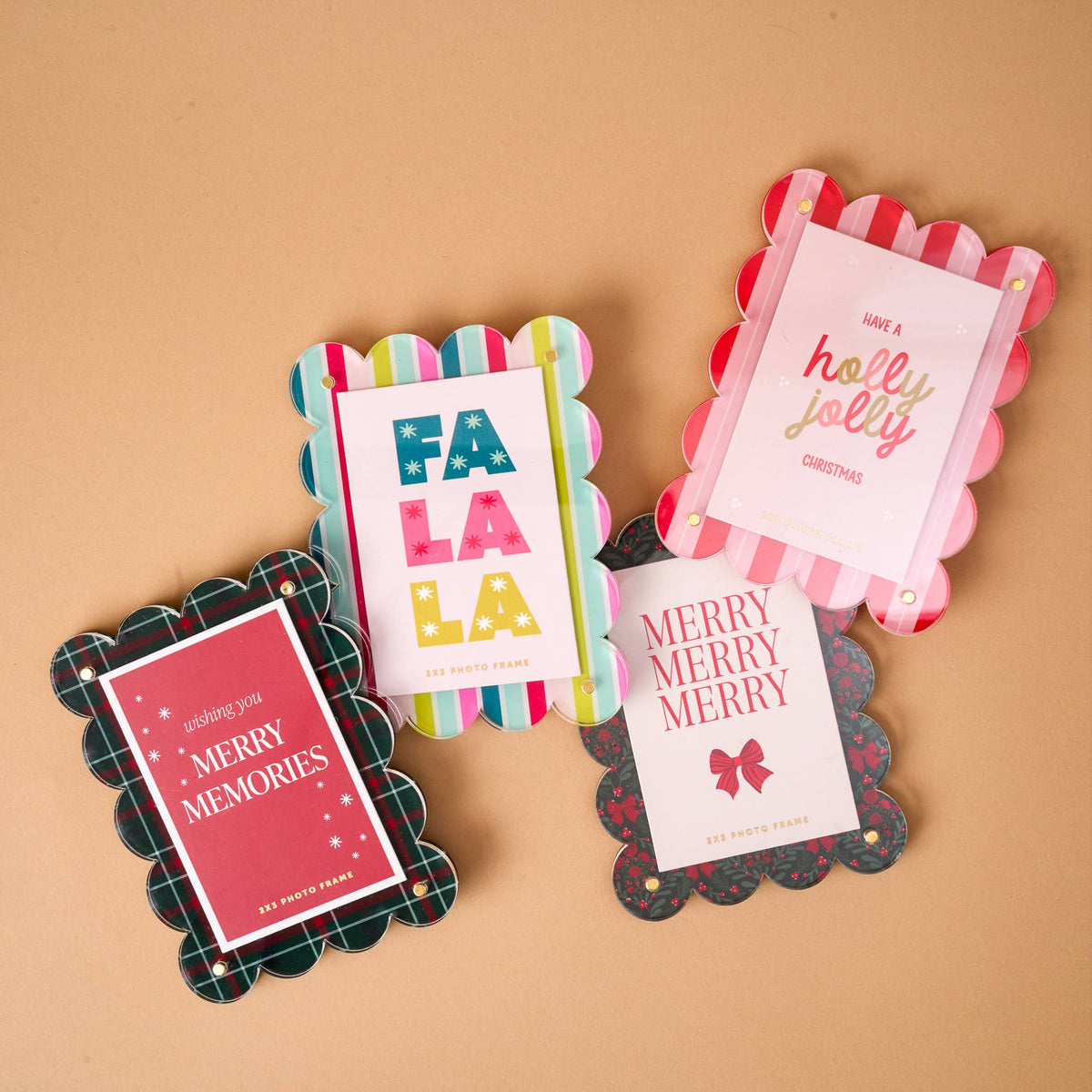 Set of mini acrylic picture frame magnets with green plaid scalloped edges and red inserts