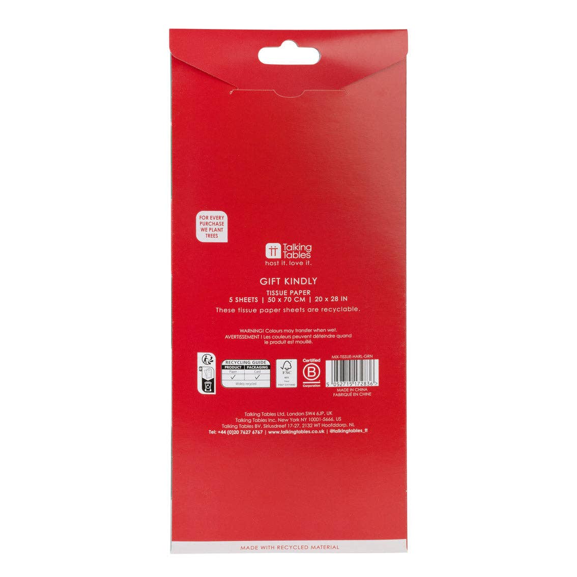 Back of tissue paper pack in red with product information and recycling notes