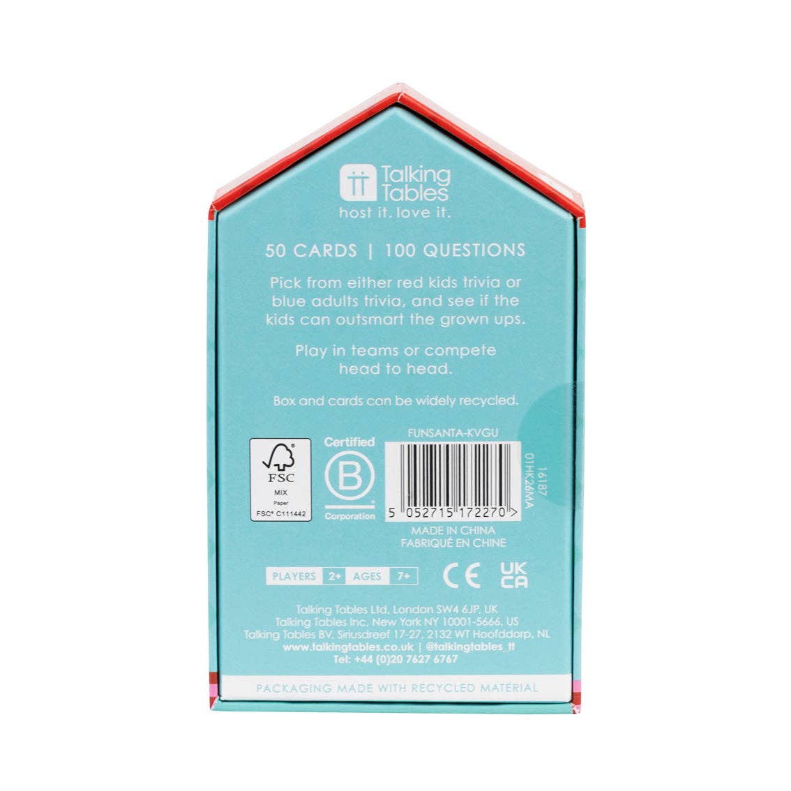 Kids vs Grown-Ups Santa game back panel with 50 cards and 100 questions