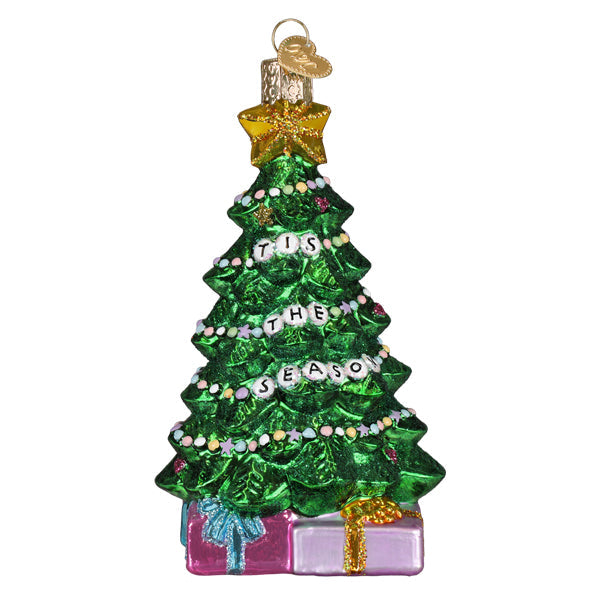 Hanging green glitter Christmas tree ornament with star topper and bead text