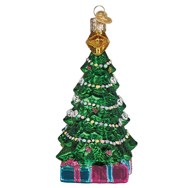 Hanging green glitter Christmas tree ornament with star topper and colorful gift base