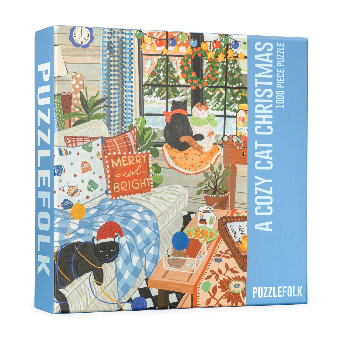 Cozy Cat Christmas 1000-piece puzzle box showing full illustration with black cat