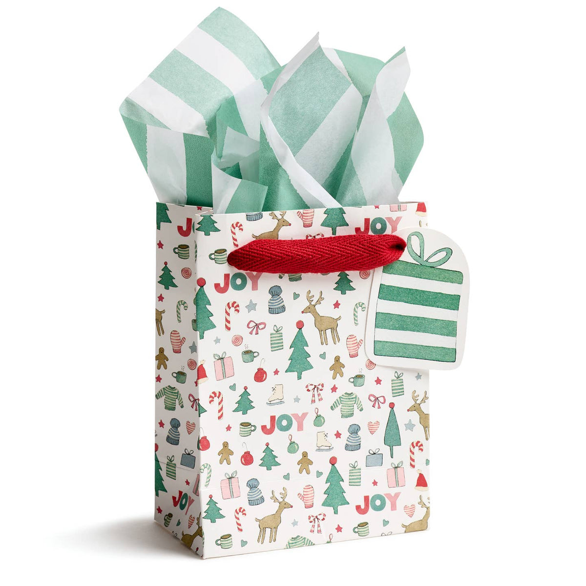 Holiday gift bag with red rope handle, green-and-red joy pattern, striped tissue