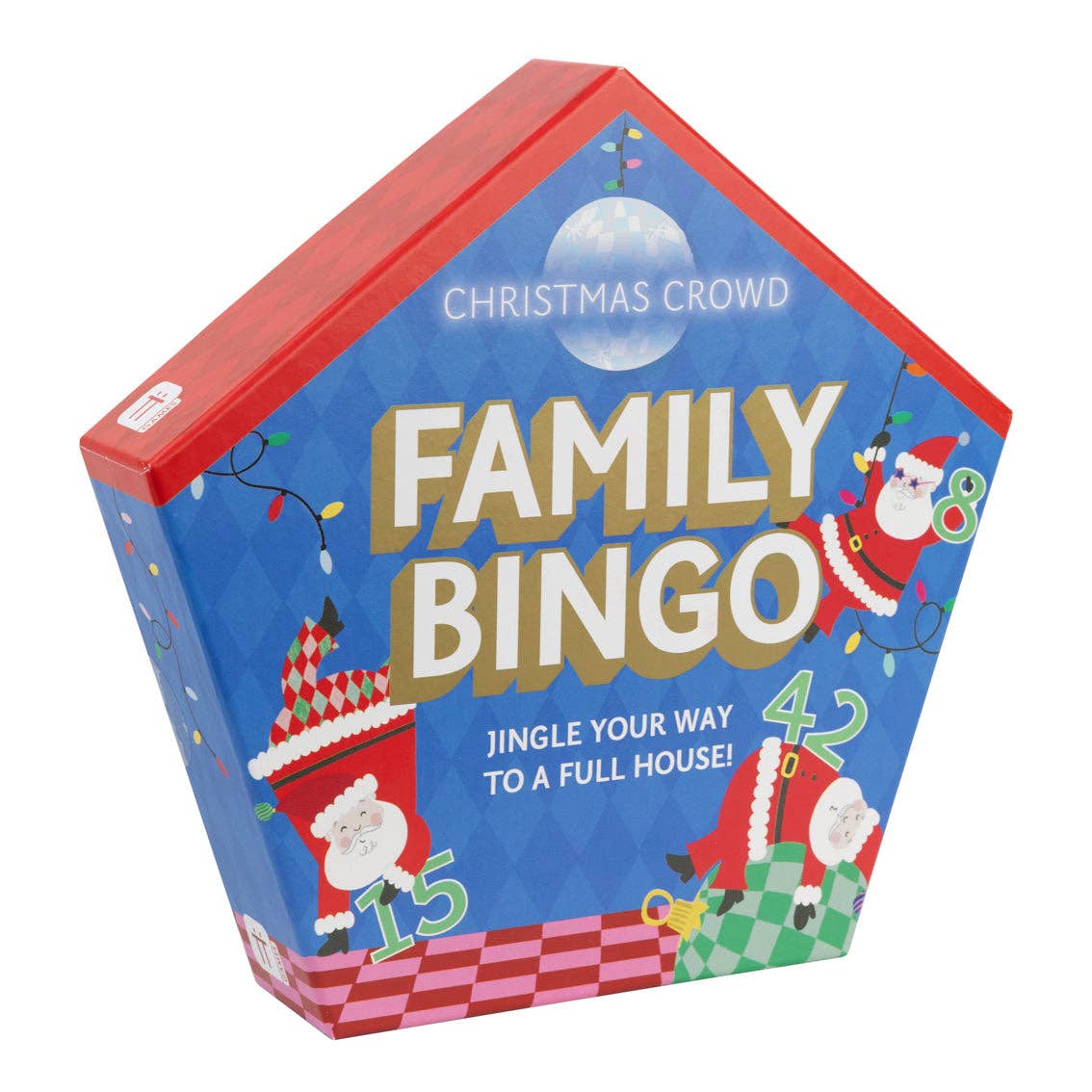 Family Bingo game box front with red roof, blue artwork, and Christmas Crowd title