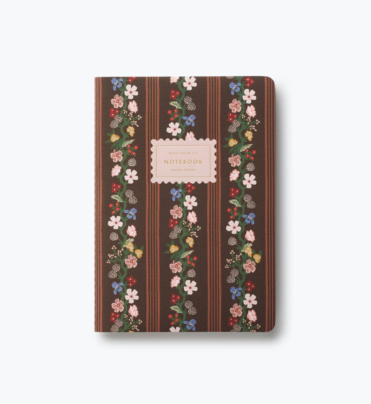 Set of 3 notebooks with dark floral striped cover and center label