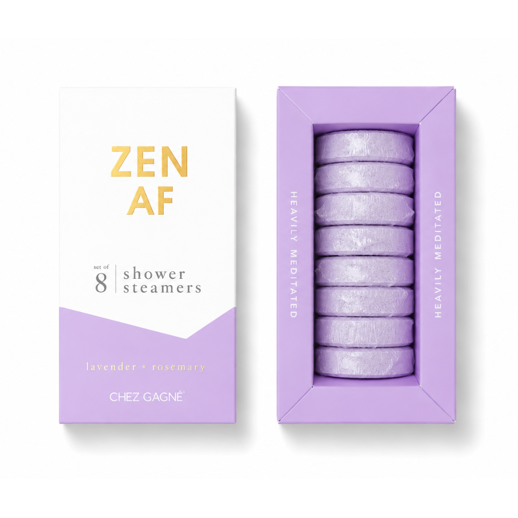 Aromatherapy shower steamer set of 8, purple box with stacked purple steamer discs