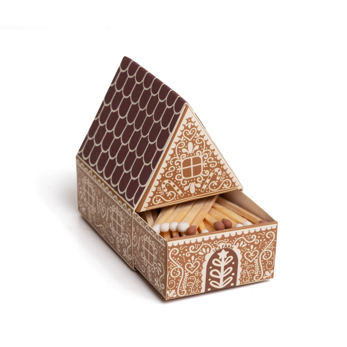 Gingerbread house matchbox with open roof, ornate brown and tan print