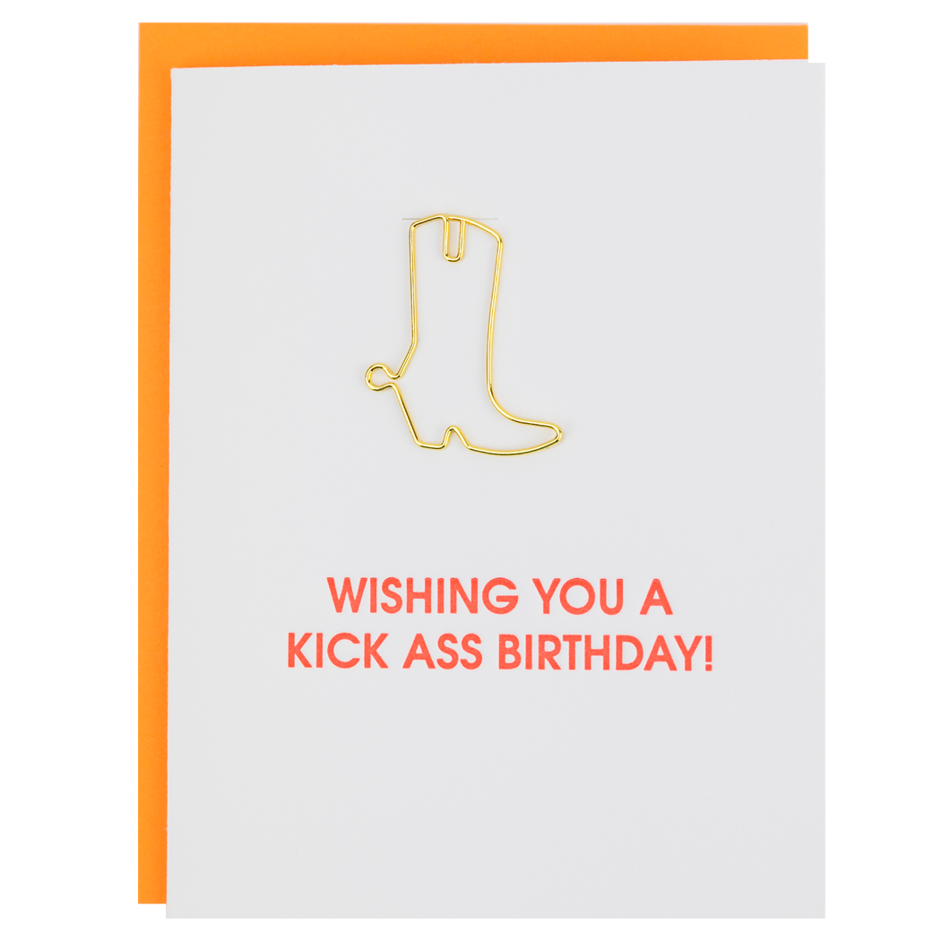 Birthday letterpress card with gold boot outline and red birthday message.