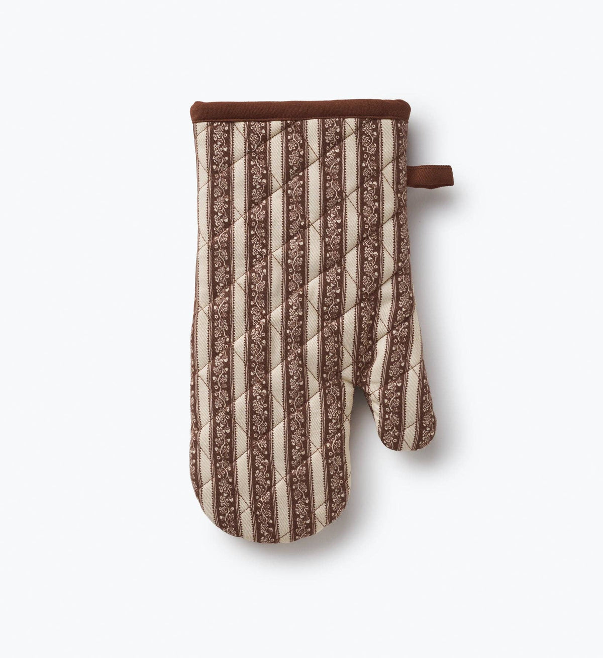Brown and beige striped oven mitt with padded thumb and hanging loop