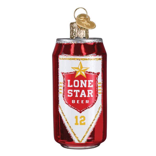 Beer can ornament with red Lone Star label, gold loop and cap, star logo, size 12