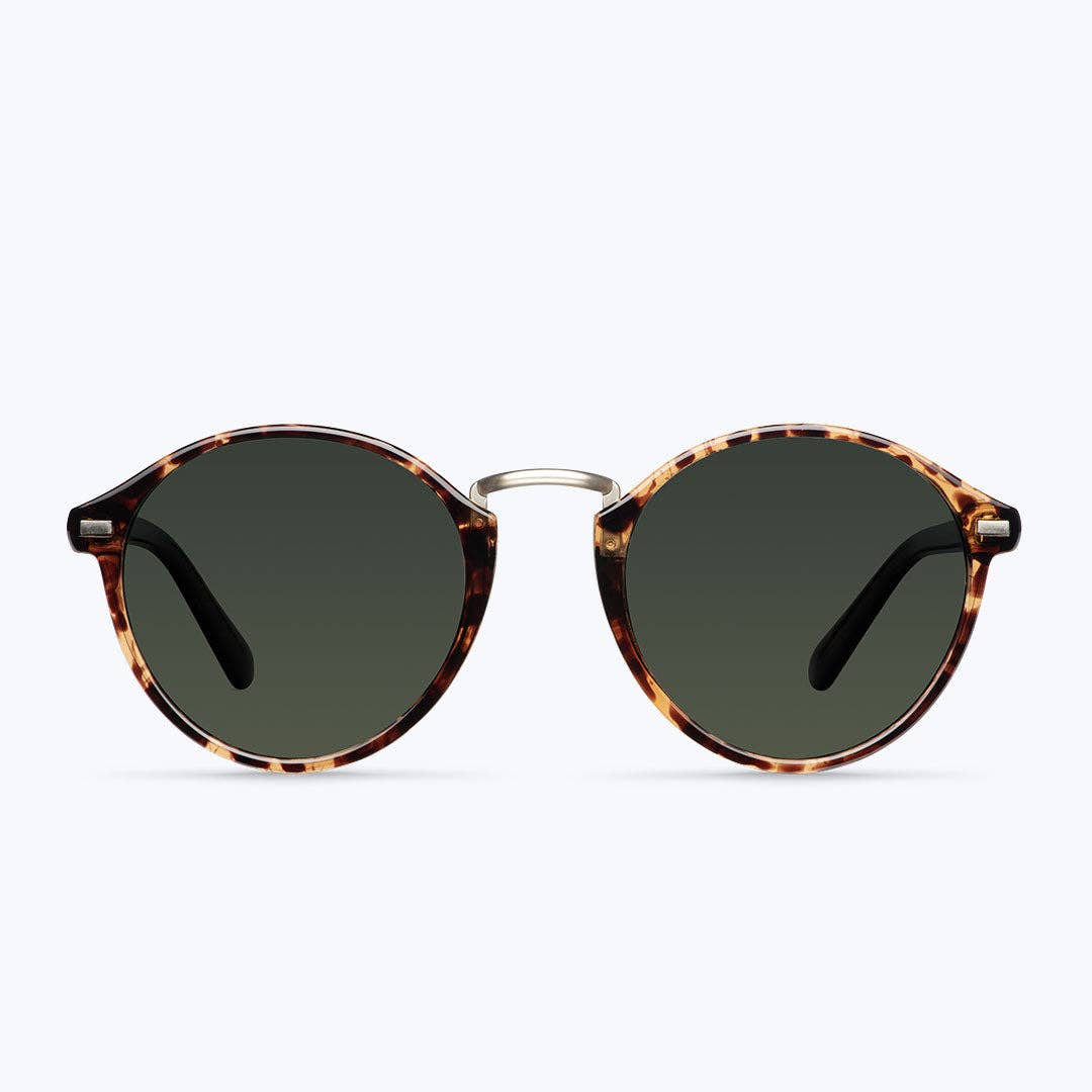 Front view round tortoiseshell sunglasses with dark lenses and metal bridge