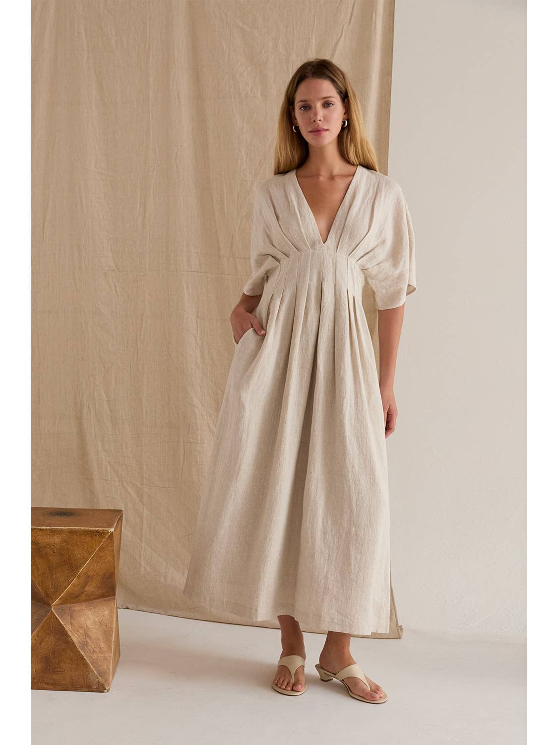 Aimee Pleated Linen Midi Dress
