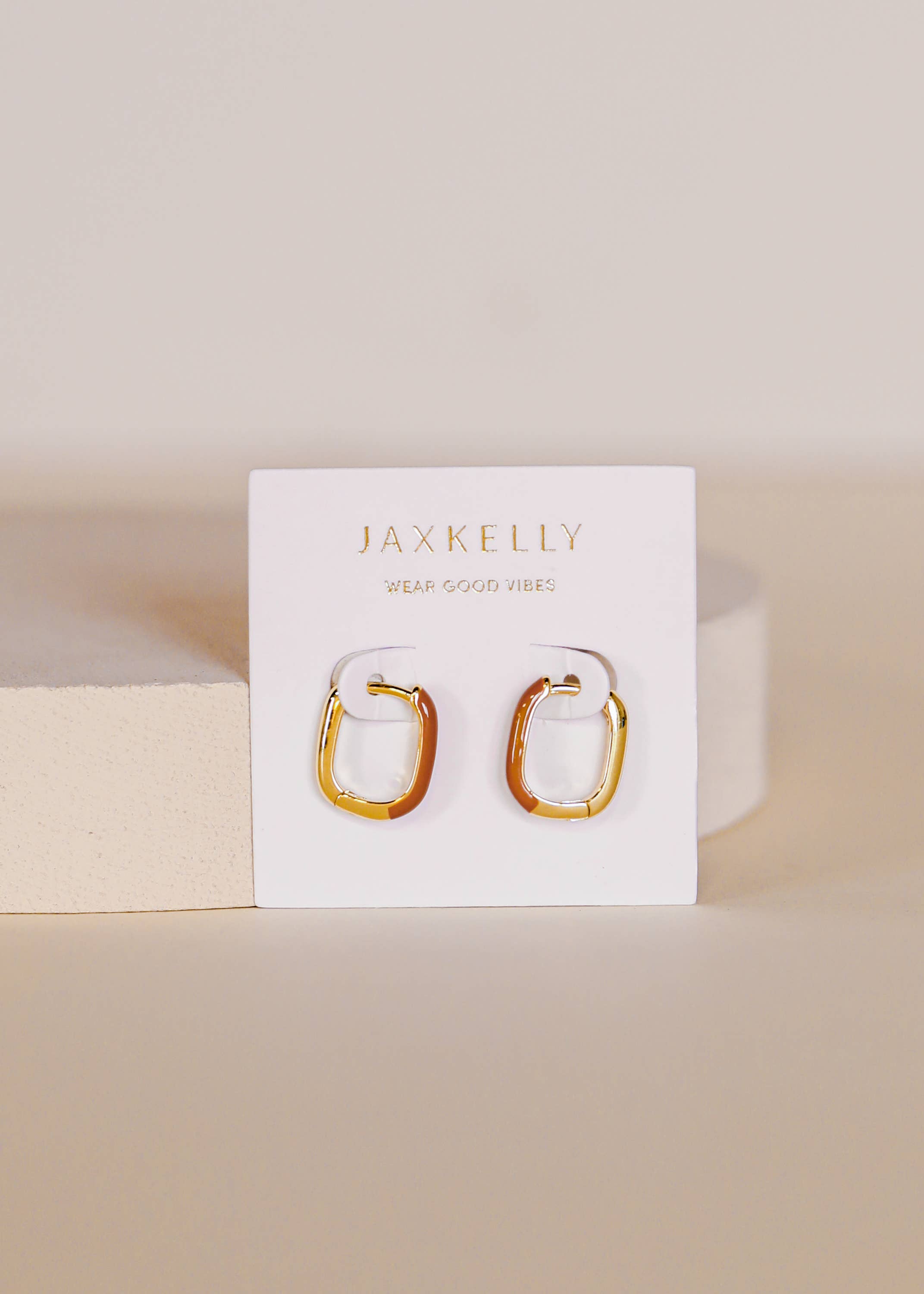 Color Dipped Rectangle Hoop Earrings - Brown Enamel