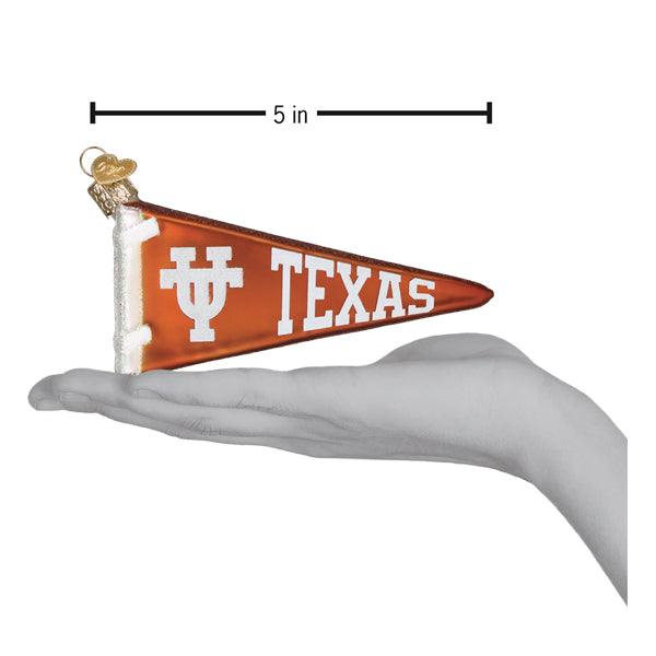 Texas pennant ornament measuring 5 in, orange triangle with white UT icon and TEXAS