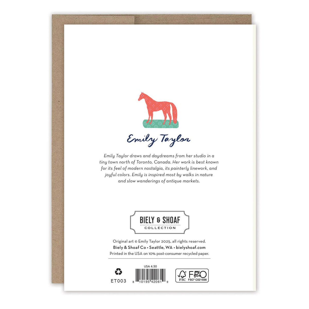Birthday card back with red animal icon and “Emily Taylor” printed text