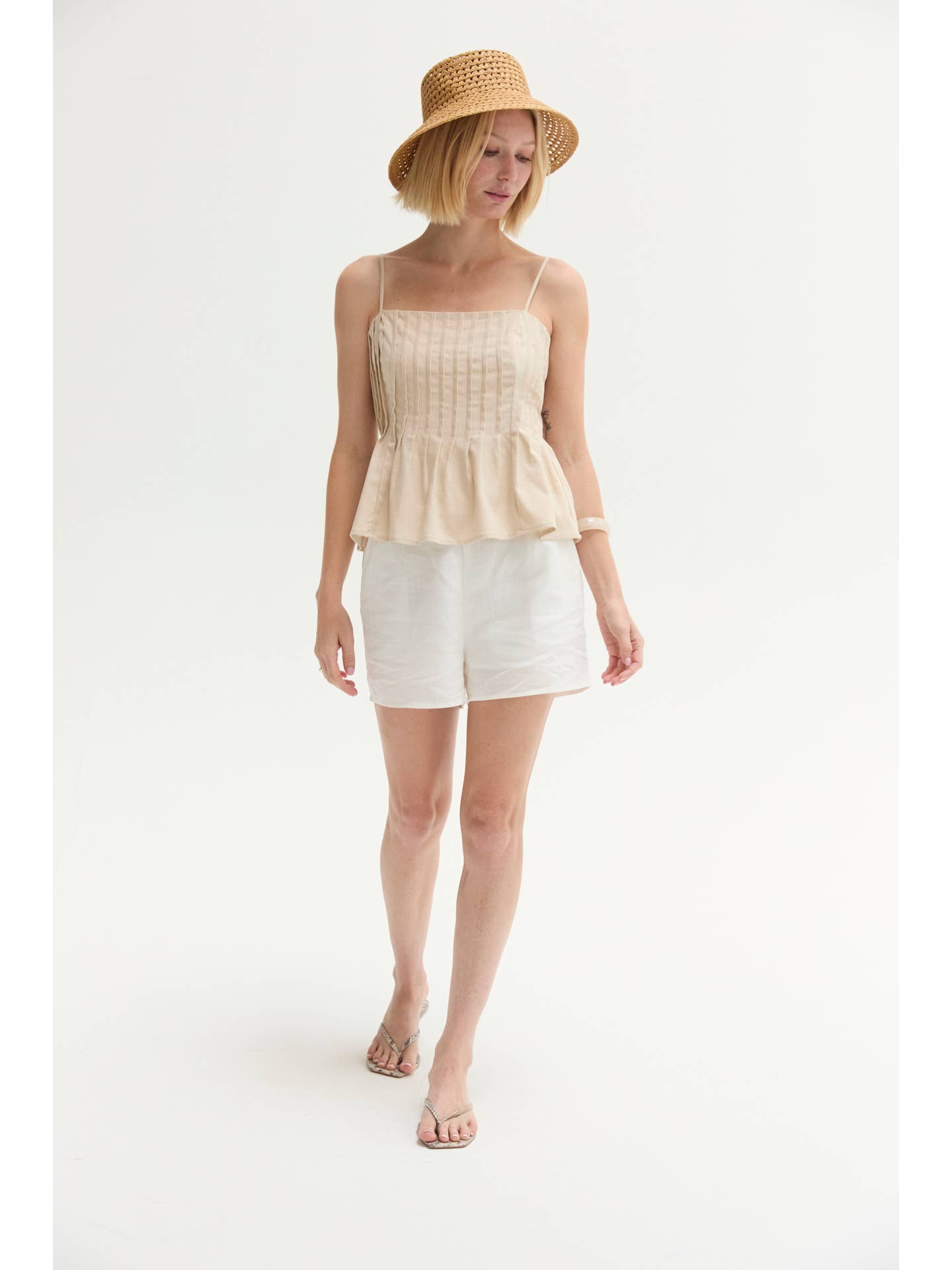 Claudia Pleated Linen Top - Oatmeal