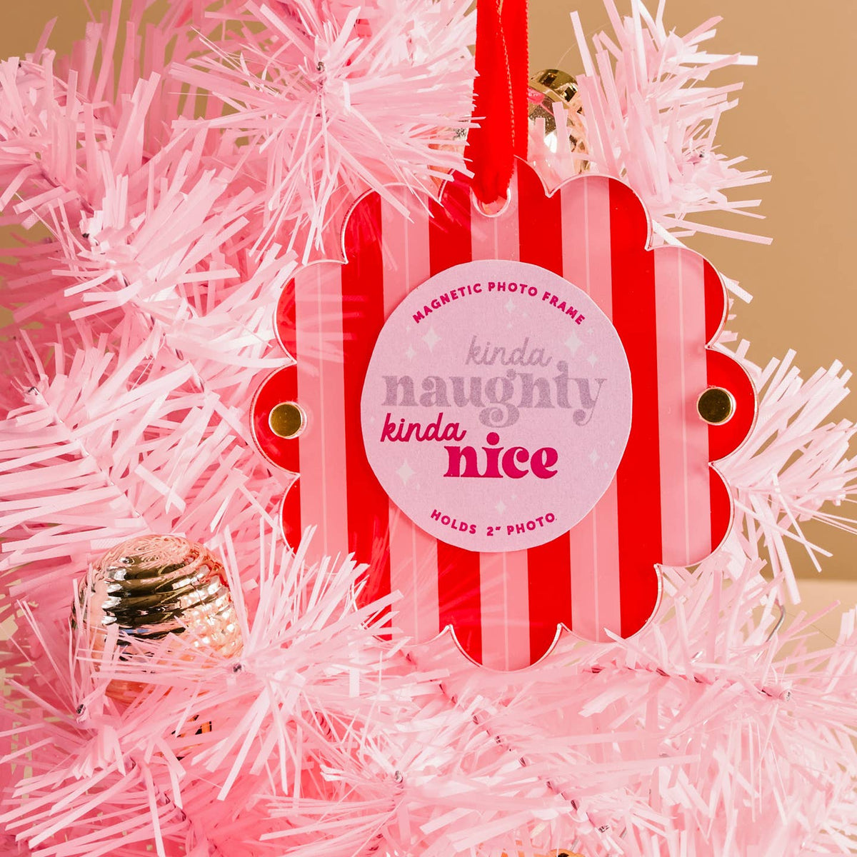 Peppermint striped scalloped magnetic photo frame ornament with “kinda naughty, kinda nice” insert
