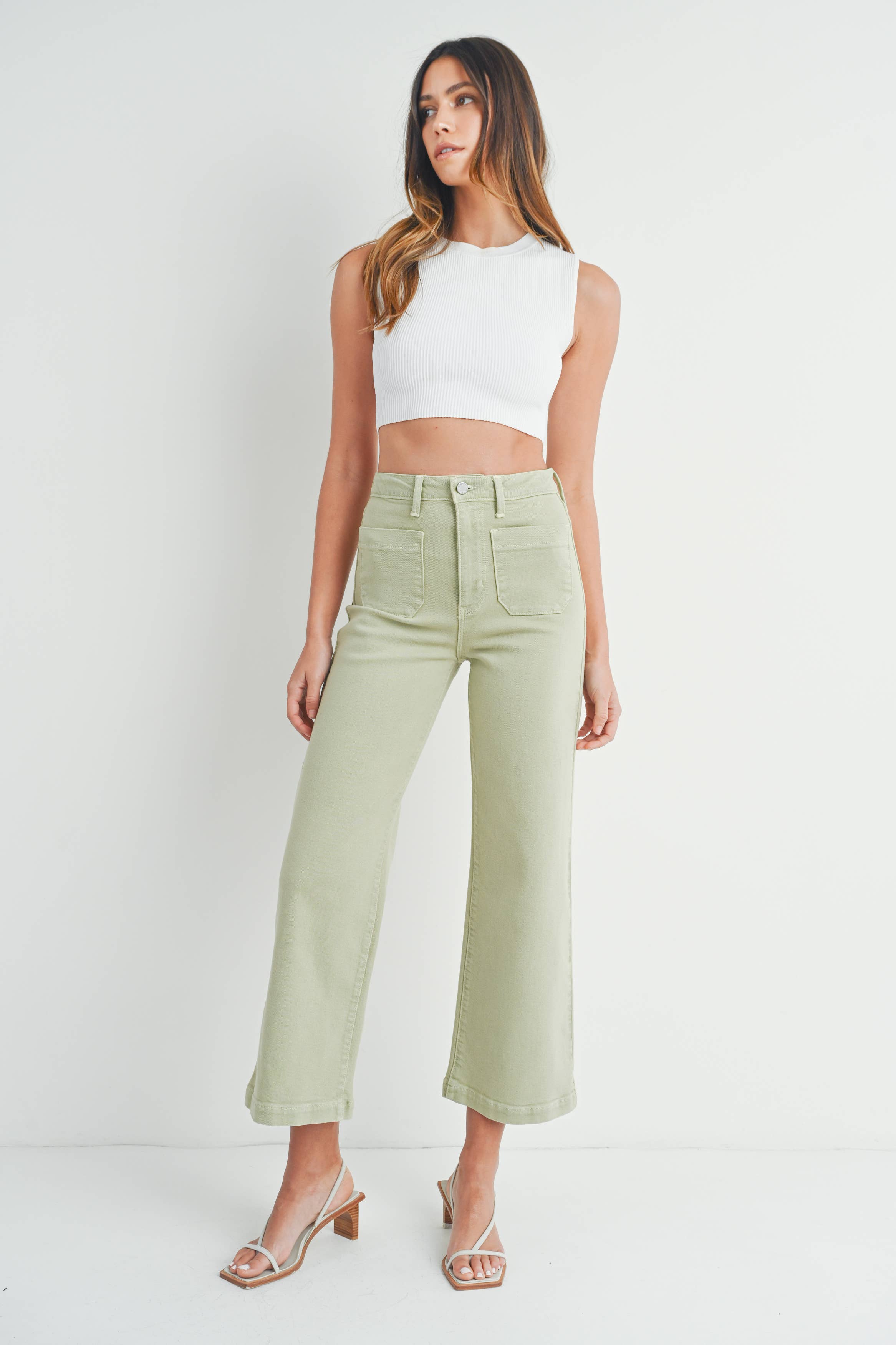 Patch Pocket Wide Leg Denim - Light Sage **FINAL SALE**