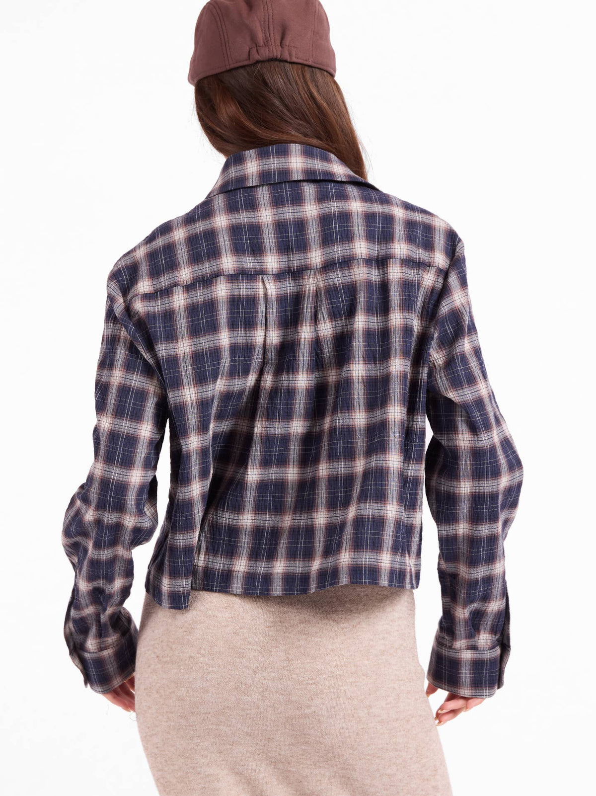 Navy and tan plaid button-up shirt, back view, long sleeves and collar