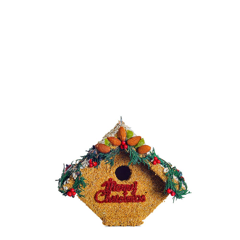 Beaded Christmas ornament pouch with pine sprigs, berries, and red “Christmas” lettering