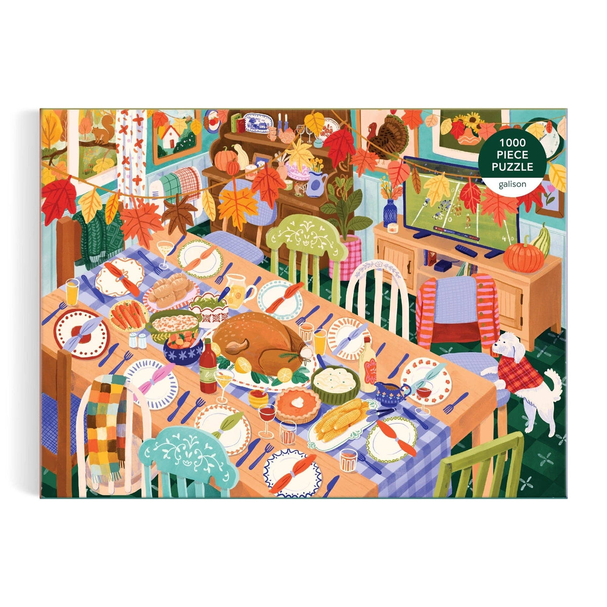 1000-piece jigsaw puzzle box with dining table scene artwork