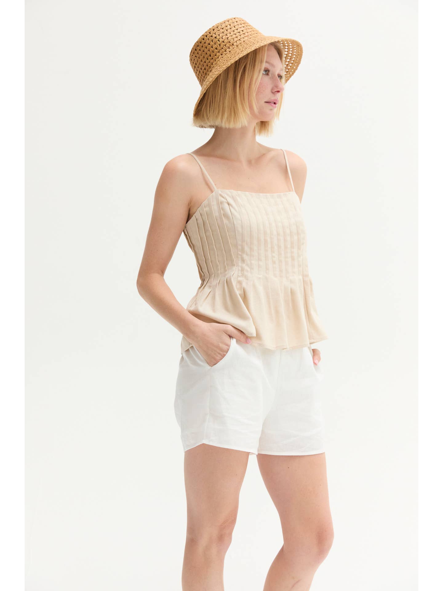 Claudia Pleated Linen Top - Oatmeal
