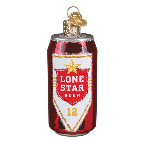 Glossy beer can ornament with red Lone Star label, gold cap and loop, star graphic, 12
