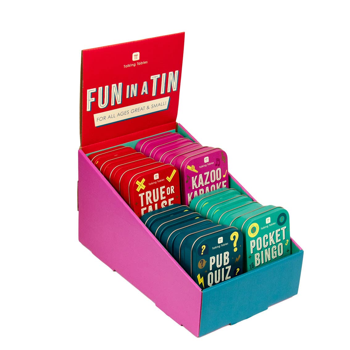 Colorful card game tin with Pocket Bingo and Kazoo Karaoke tiles