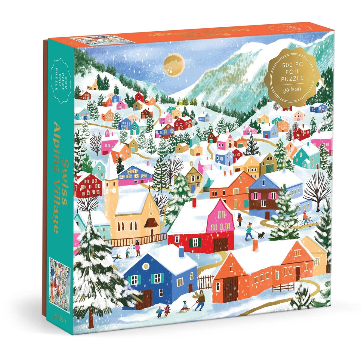 Winter alpine village 500-piece foil puzzle box with colorful houses and snowy mountains