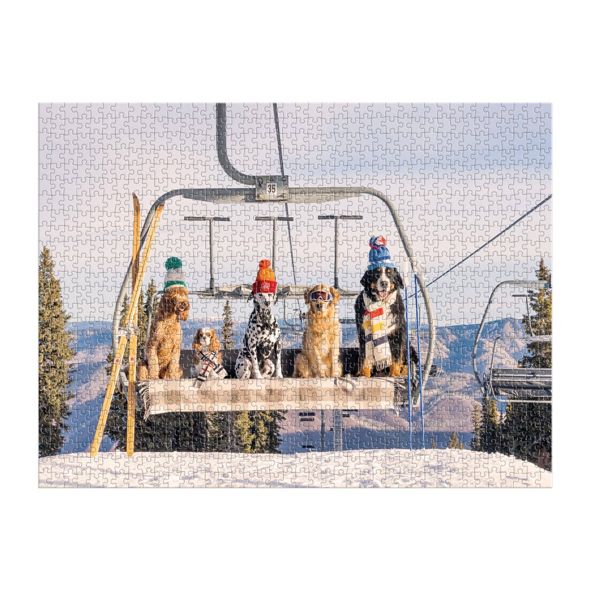 Assembled jigsaw puzzle scene with dogs sitting on a ski chairlift