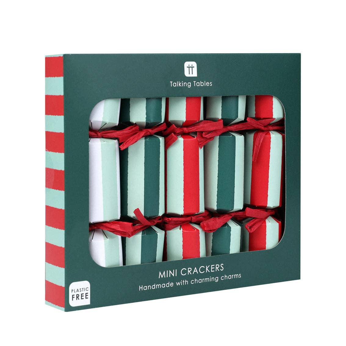 Boxed mini Christmas crackers set in green, red, and white stripes with red ties