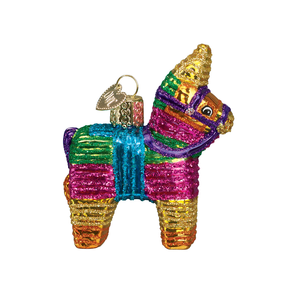 Piñata ornament with multicolor striped donkey design and hanging loop