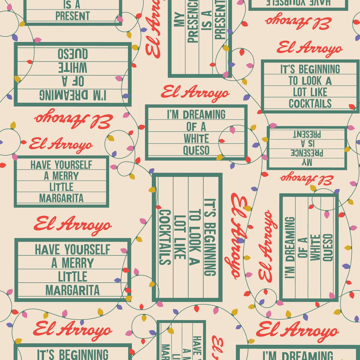 Holiday wrapping paper pattern with El Arroyo text, cocktail quotes, and border icons on cream