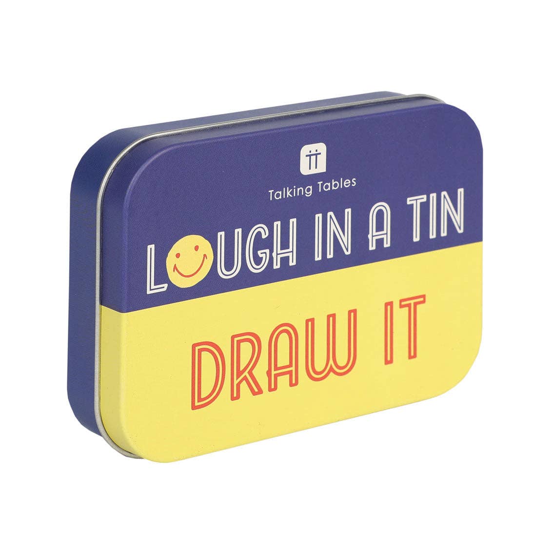 Blue and yellow card game tin labeled Draw It with Laugh in a Tin logo