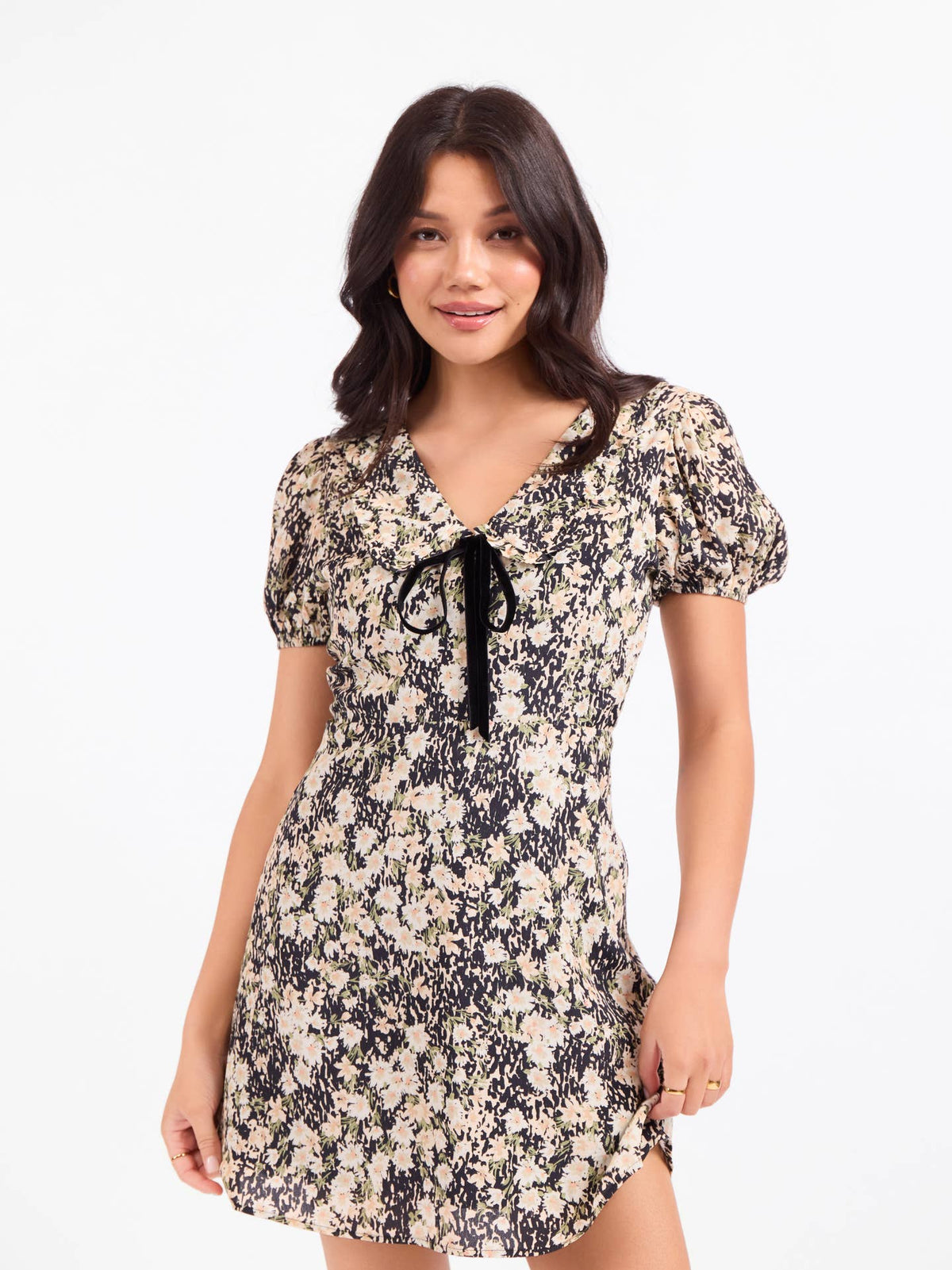 Floral mini dress with tie-neck and short puff sleeves, cream and dark print