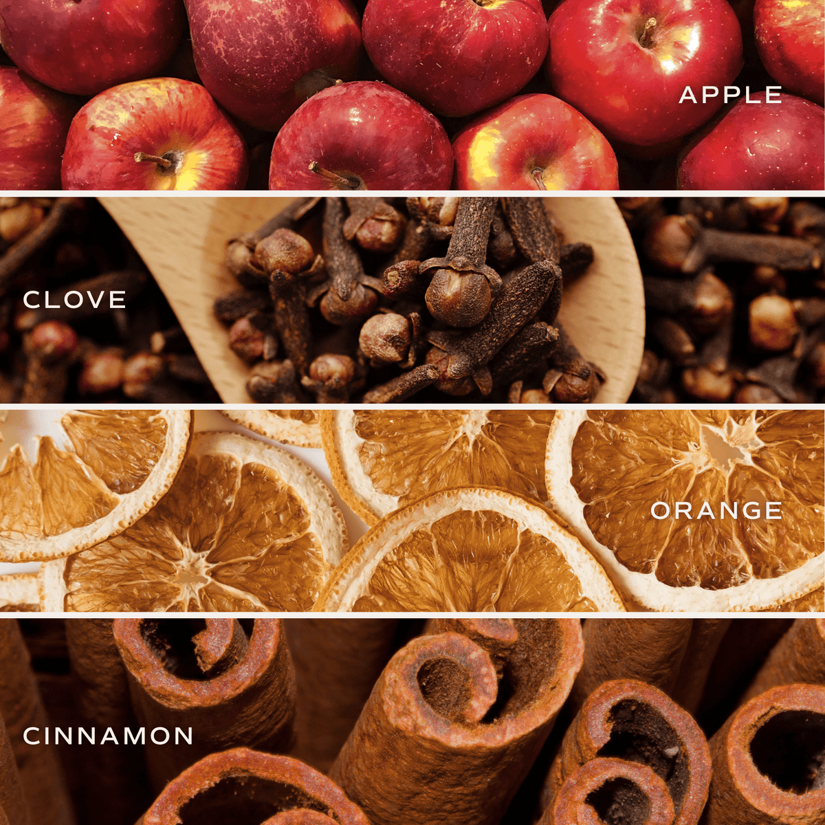 Soy candle scent ingredients collage: apples, clove, orange, and cinnamon
