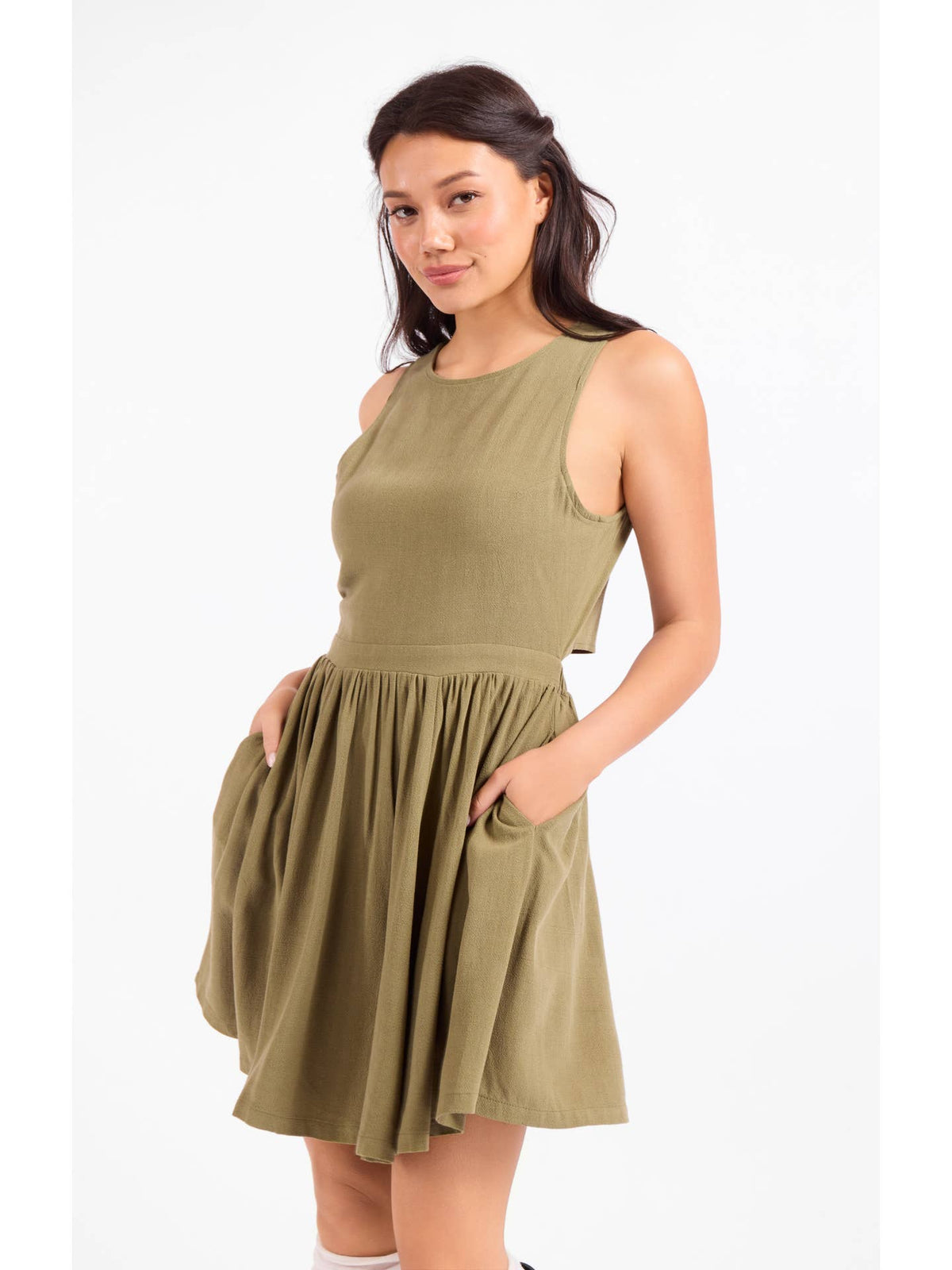 Olive sleeveless mini dress with round neck and gathered waist flare skirt