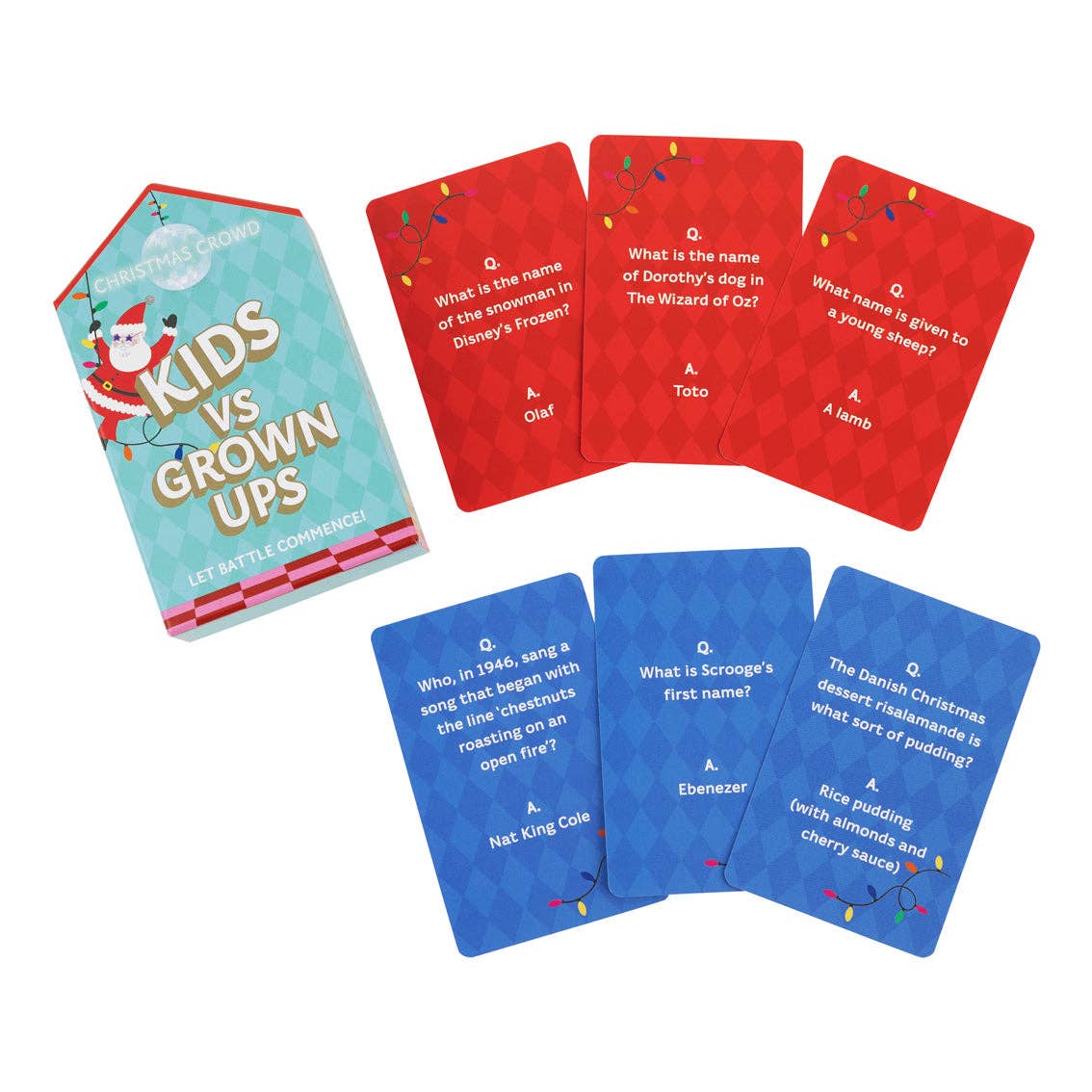 Kids vs Grown-Ups question cards, red and blue card decks