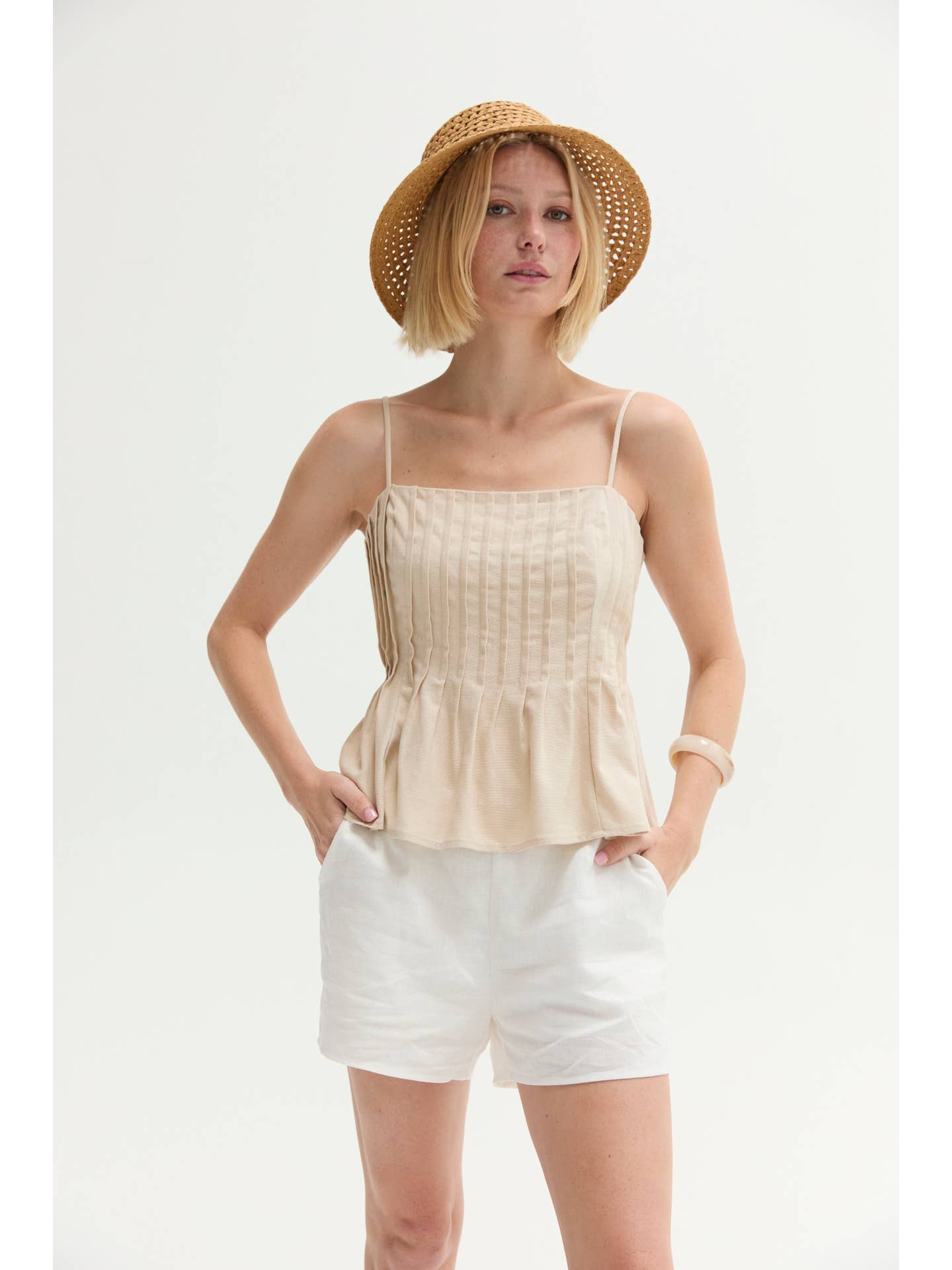 Claudia Pleated Linen Top - Oatmeal