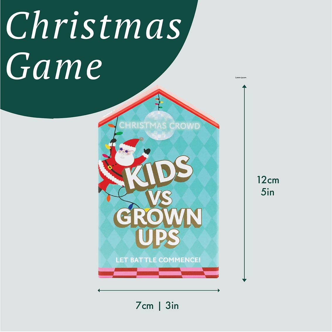 Kids vs Grown-Ups Santa game box size diagram, front view