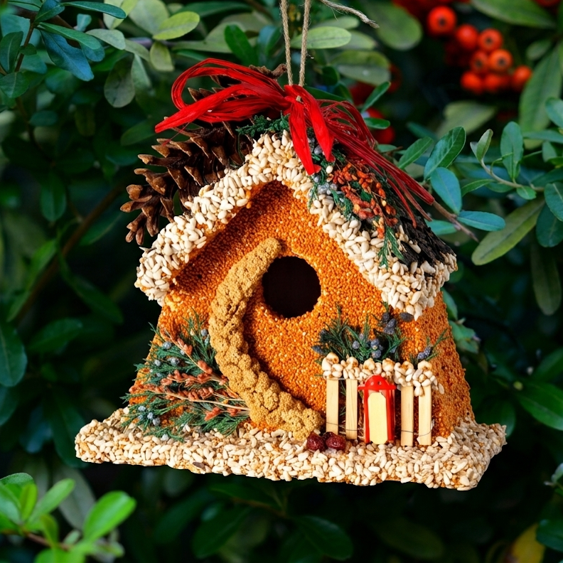 Decorative birdhouse ornament with red ribbon, pinecone roof, and candle detail