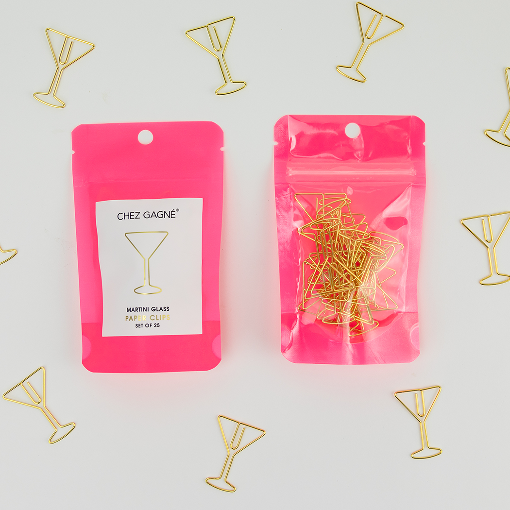Pink pouch of gold martini glass paper clips with extra martini clips