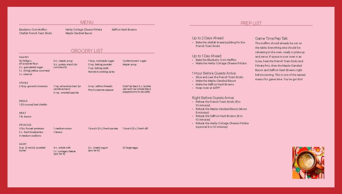 Cookbook recipe index page with grocery and prep lists in a pink layout.