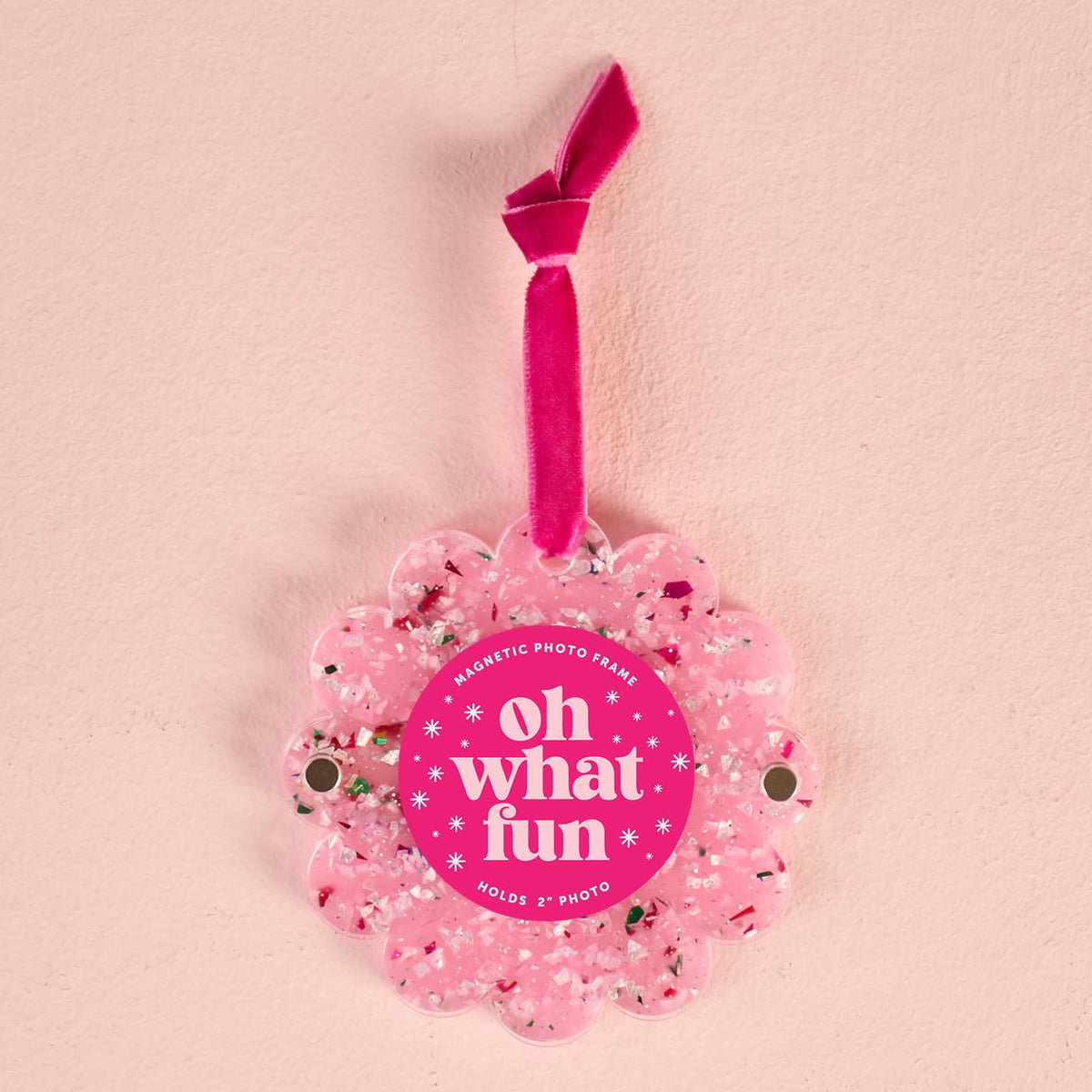 Pink scalloped confetti photo frame ornament with hanging ribbon, 'Oh what fun' text