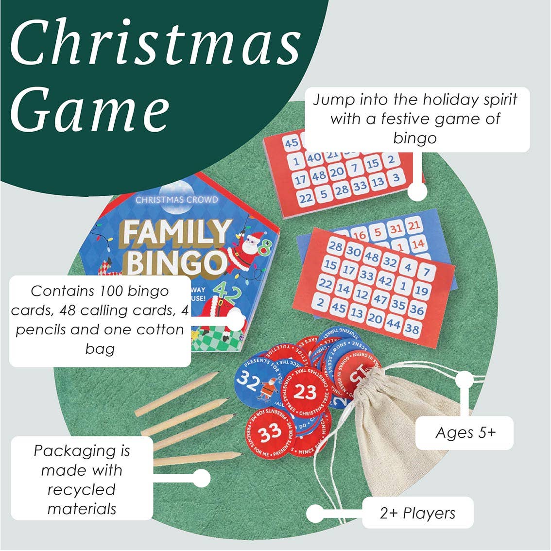Christmas Crowd Family Bingo game set with bingo boards, calling cards, and cloth bag
