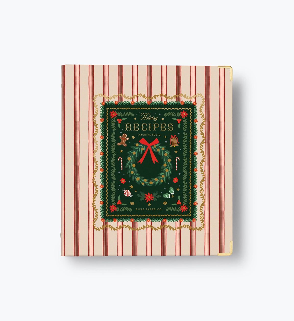 Holiday recipe binder with striped orange cover and green "Recipes" card